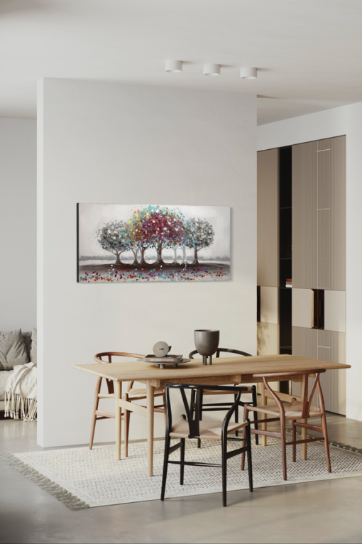 A painting with a colorful tree
