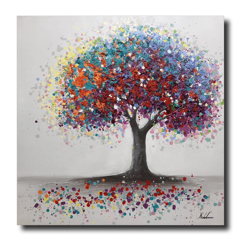 A painting with a colorful tree