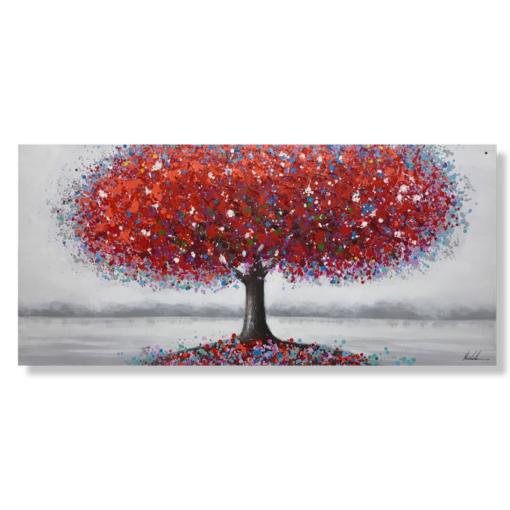 A painting with a red tree.