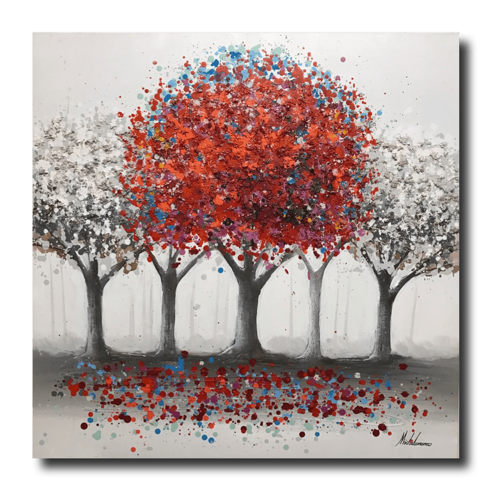 A painting with a red tree