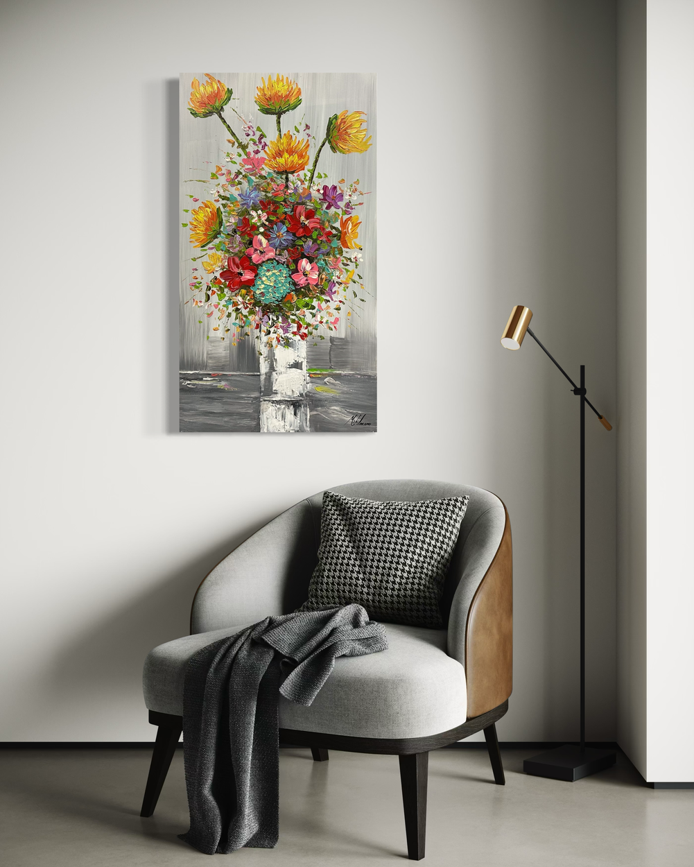 A painting with a bouquet