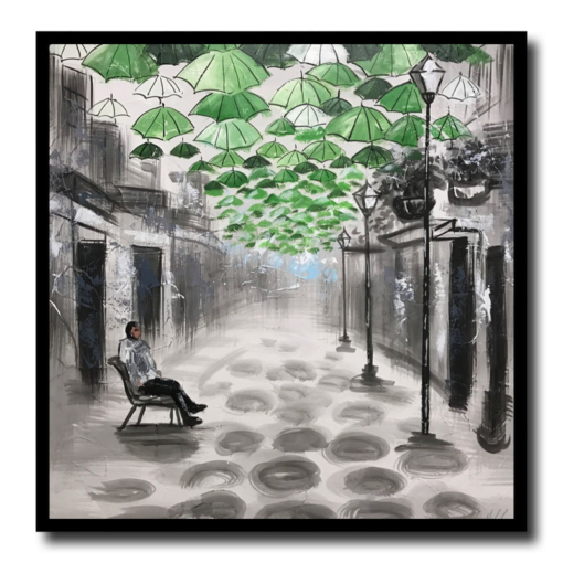 A painting with umbrellas