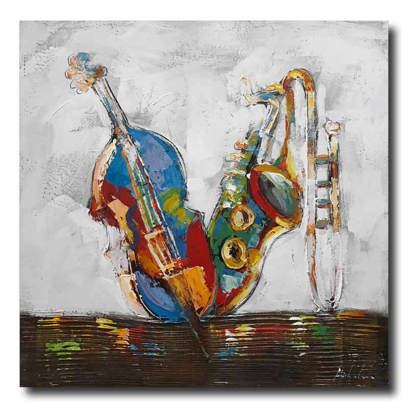 A painting with a cello and saxophone