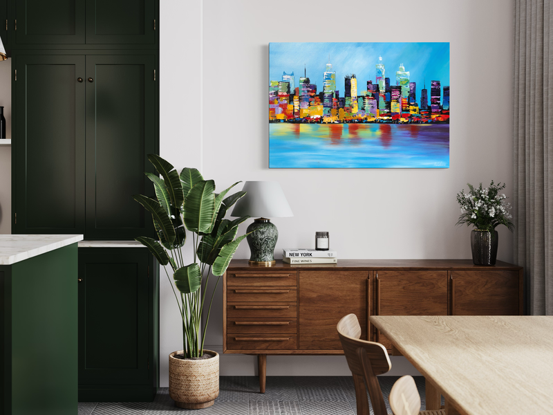 a painting with a skyline