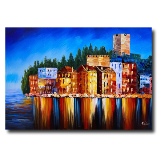 A painting of a colorful city at dusk