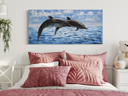 a painting with dolphins