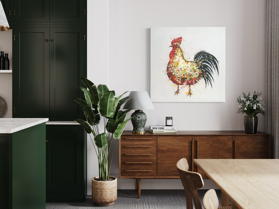 A painting with a rooster