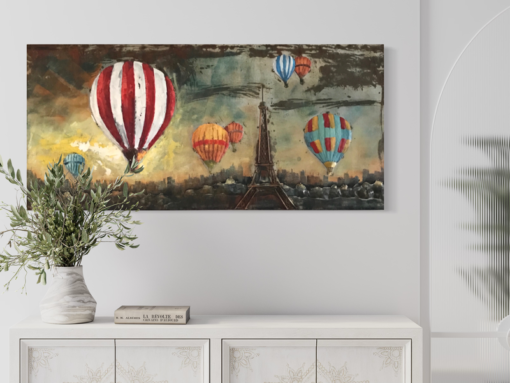 A work of art with hot air balloons over Paris