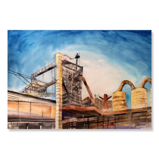 A watercolor with a factory