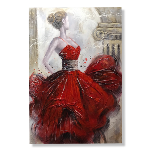 A painting of a woman in a red dress