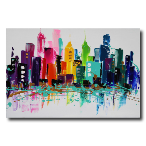A colorful painting with a skyline