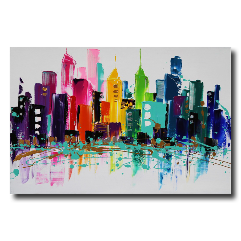 A colorful painting with a skyline