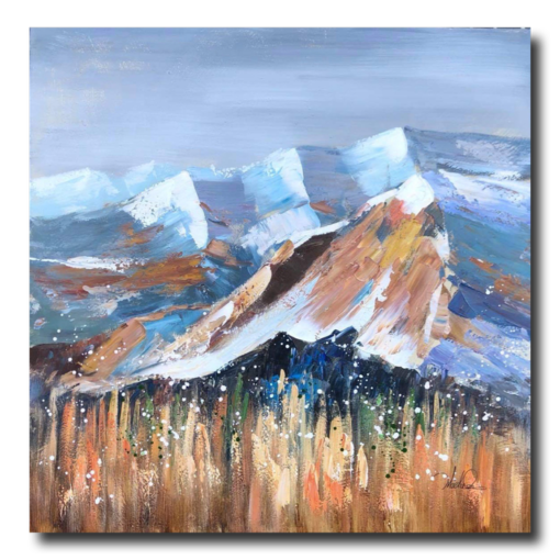 A painting with mountains