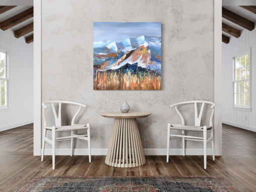 A painting with mountains