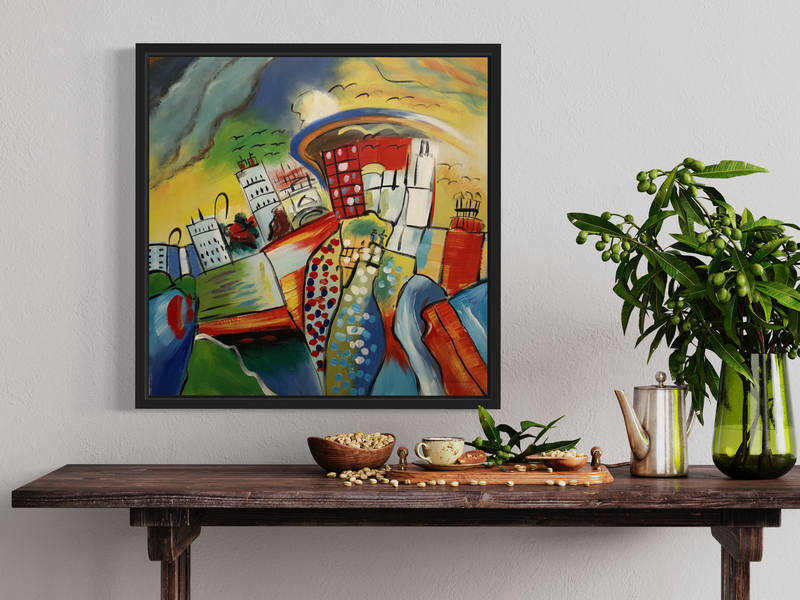 A painting with a city