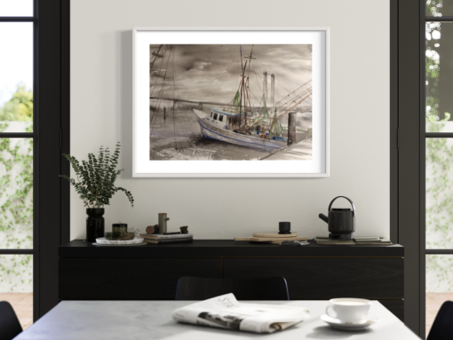 A painting with a fishing boat