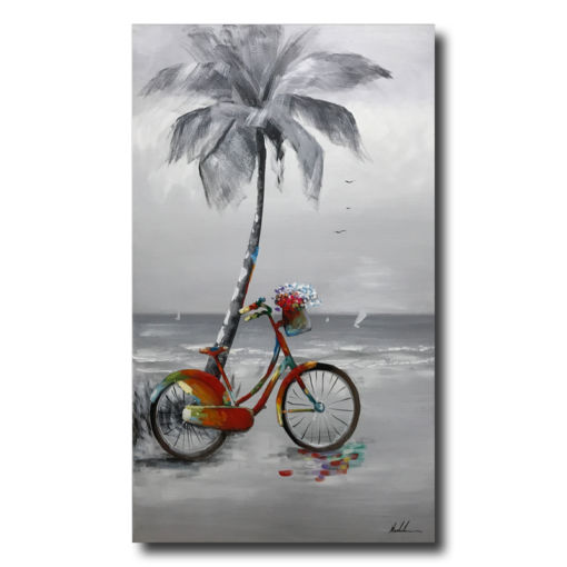 A painting with a bicycle and a palm tree