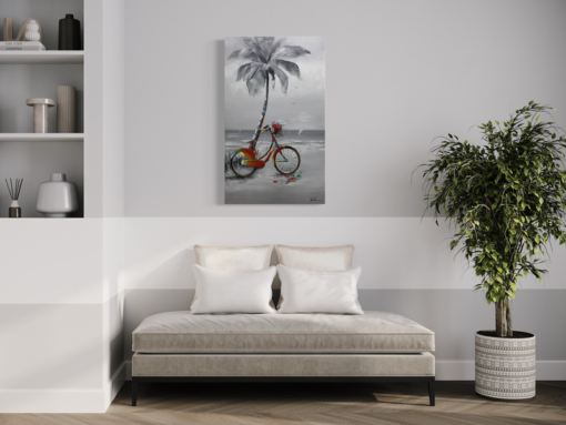 A painting with a bicycle and a palm tree
