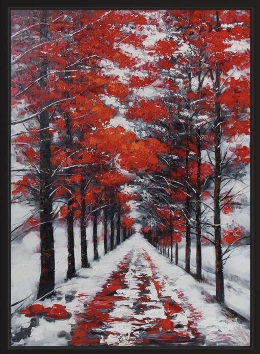 A painting with red trees