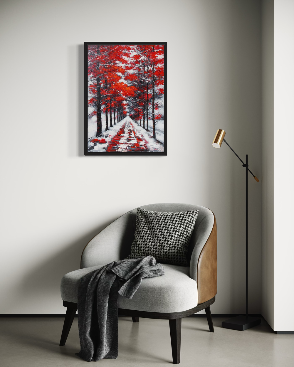 A painting with red trees