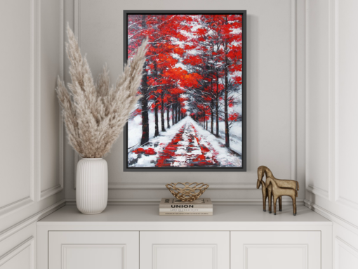 A painting with red trees