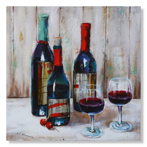 A painting with wine bottles