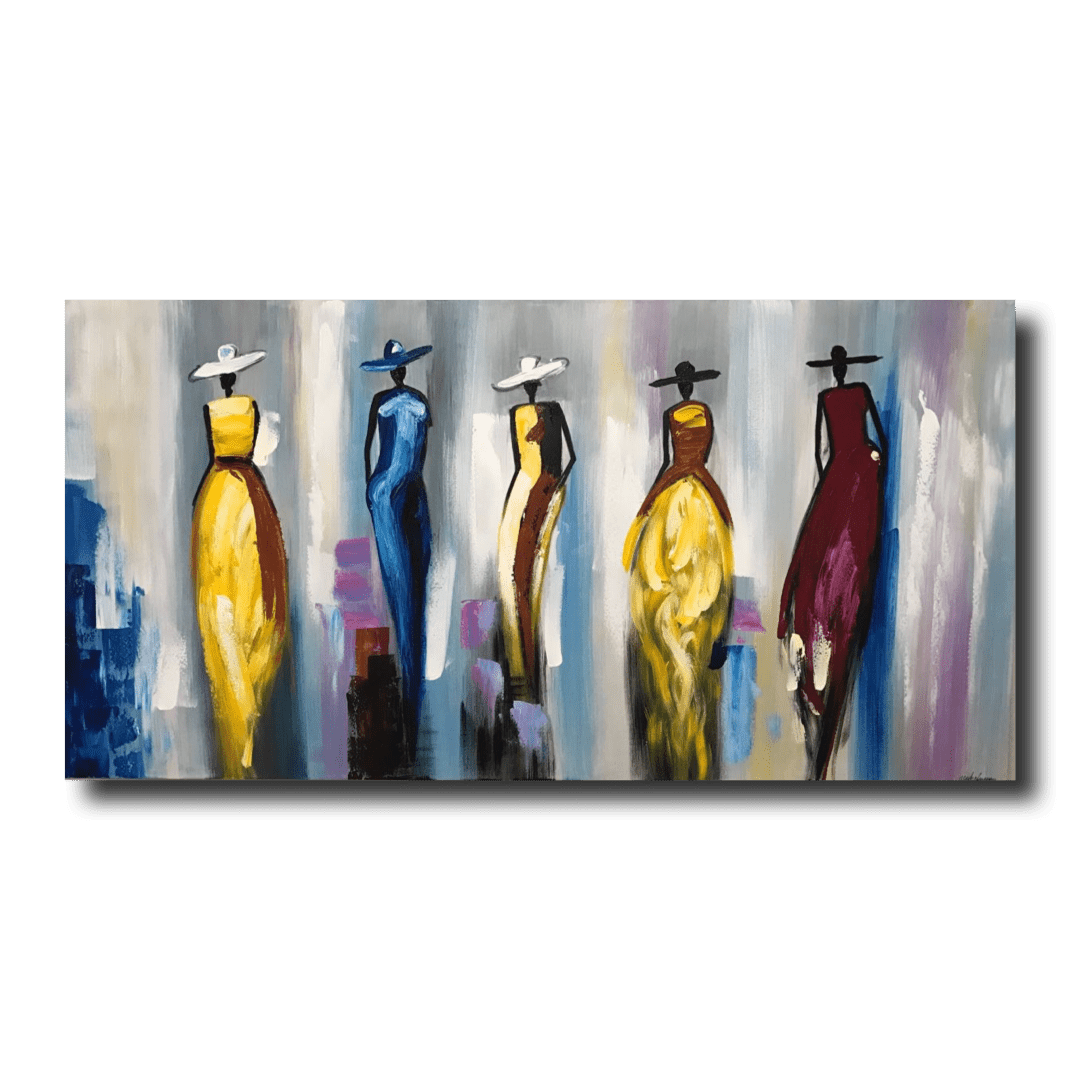 A painting with women in colorful dresses