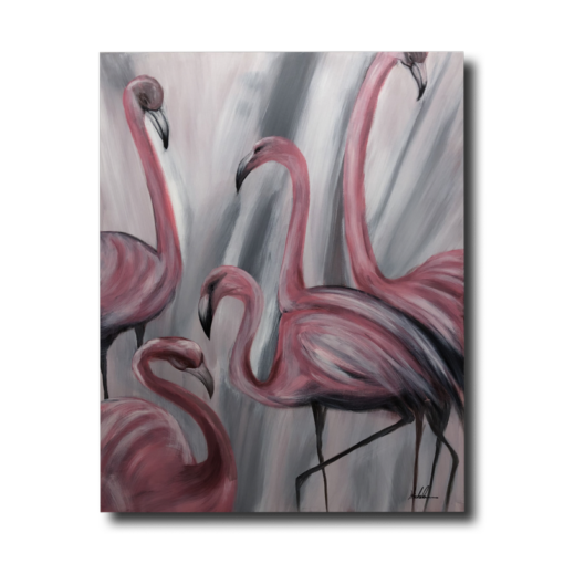 A painting with flamingos