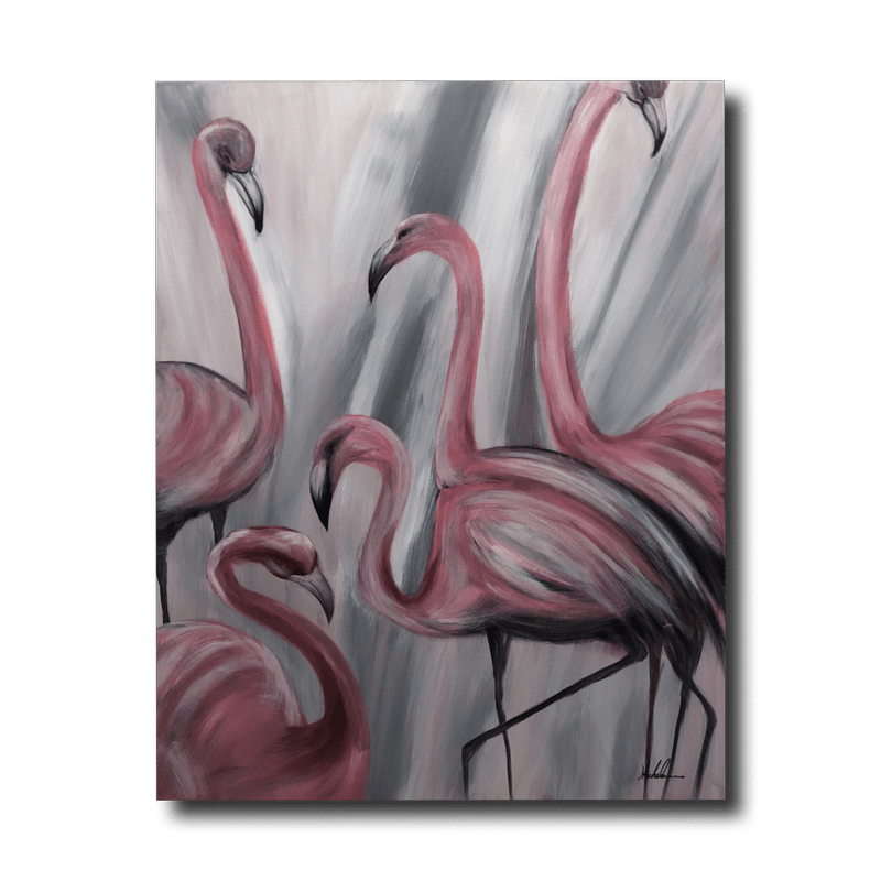 A painting with flamingos