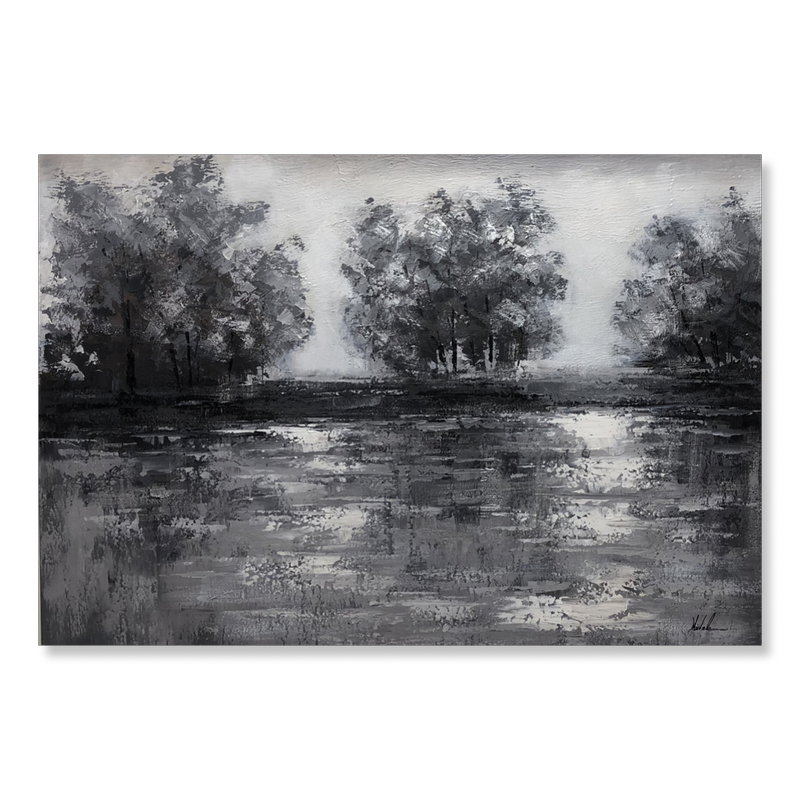 A painting with trees in gray scale