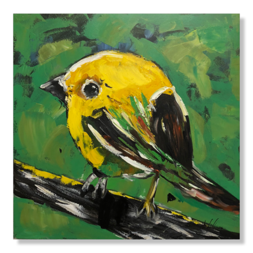 A painting with a yellow bird