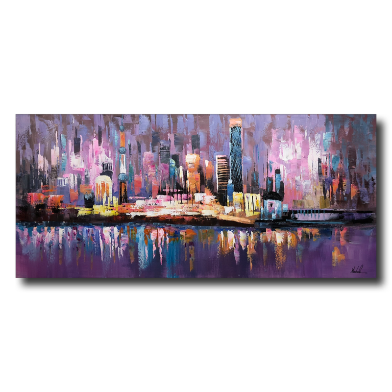 A purple painting with a skyline