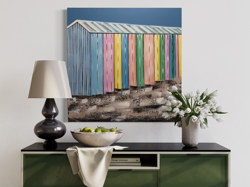 A painting with a beach house