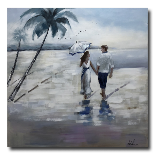 A painting with a couple on the beach