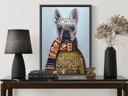 A painting with a French bulldog