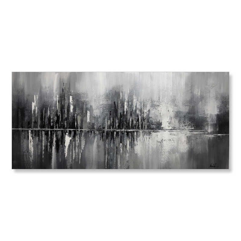 A grayscale painting