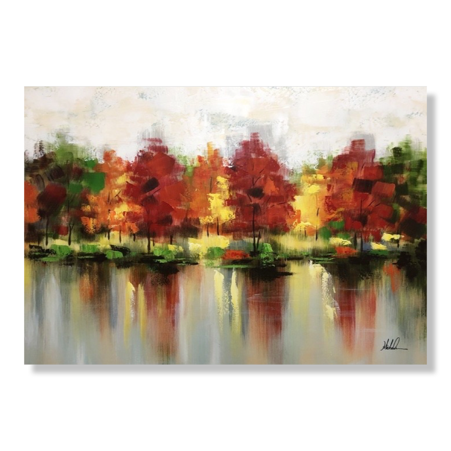 A painting with trees in autumn colours