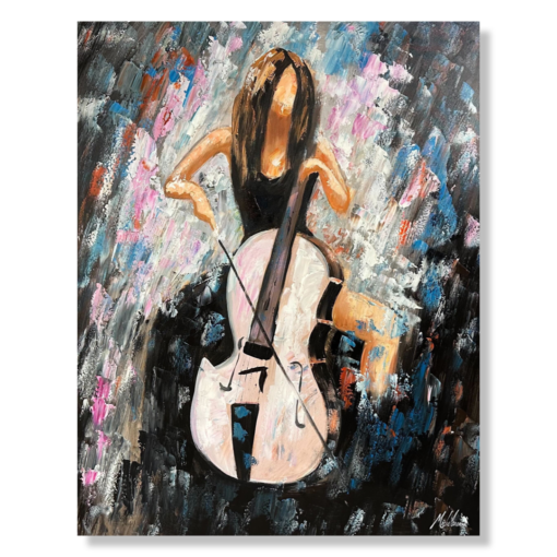 A painting with a woman playing the cello