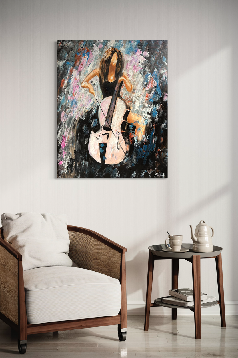 A painting with a woman playing the cello