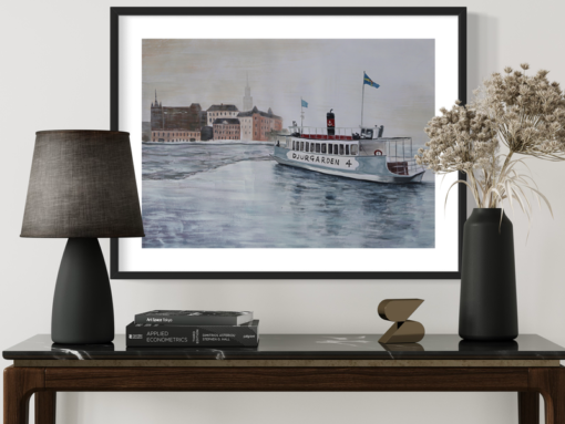 A painting with a ferry