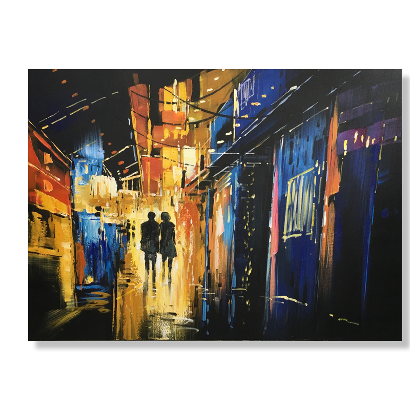 A painting of people in an alley