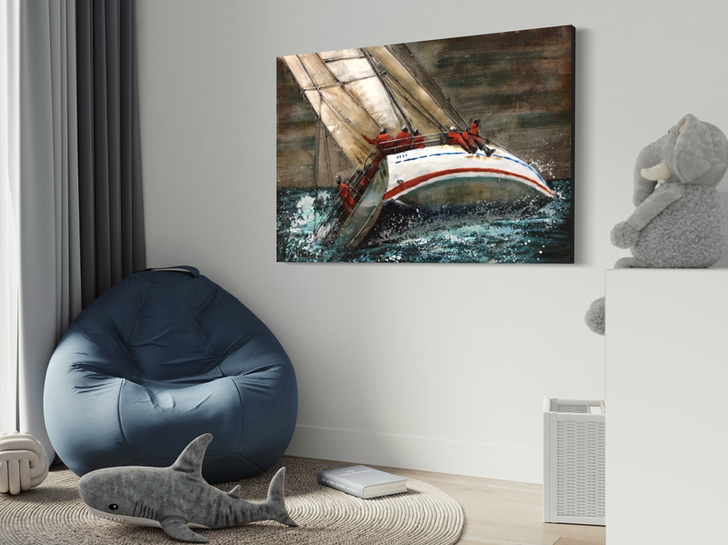 An artwork with a sailboat in a stormy sea.
