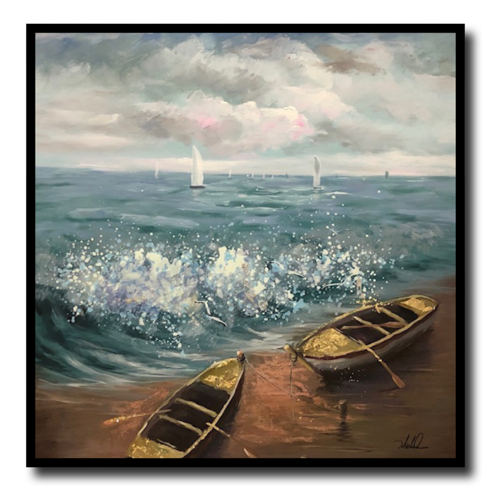 A painting with boats