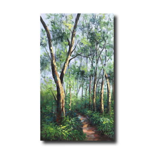 A painting with a forest grove