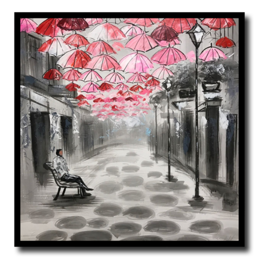 A painting with umbrellas