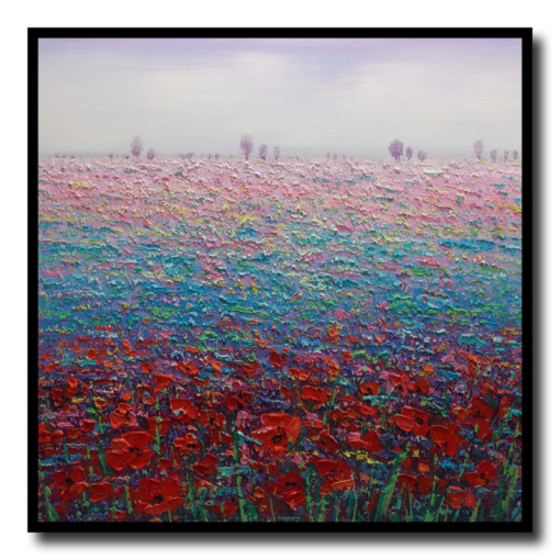 A painting with a flower meadow
