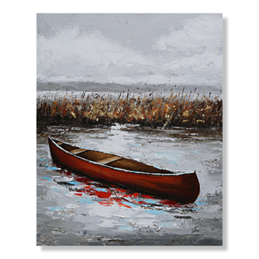 A painting with a red canoe