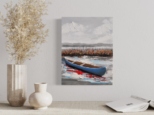 A painting with a canoe