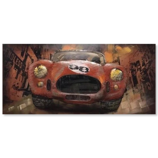 A picture made out of Metal with a red sports car.
