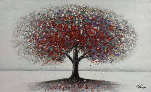 A painting with a colorful tree